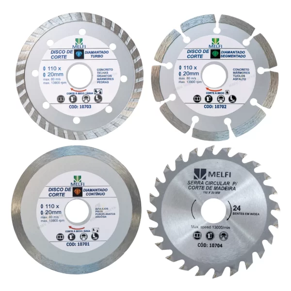 Kit Disco Diamantado e Serra Circular – 4 Peças (110mm x 20mm) | Melfi